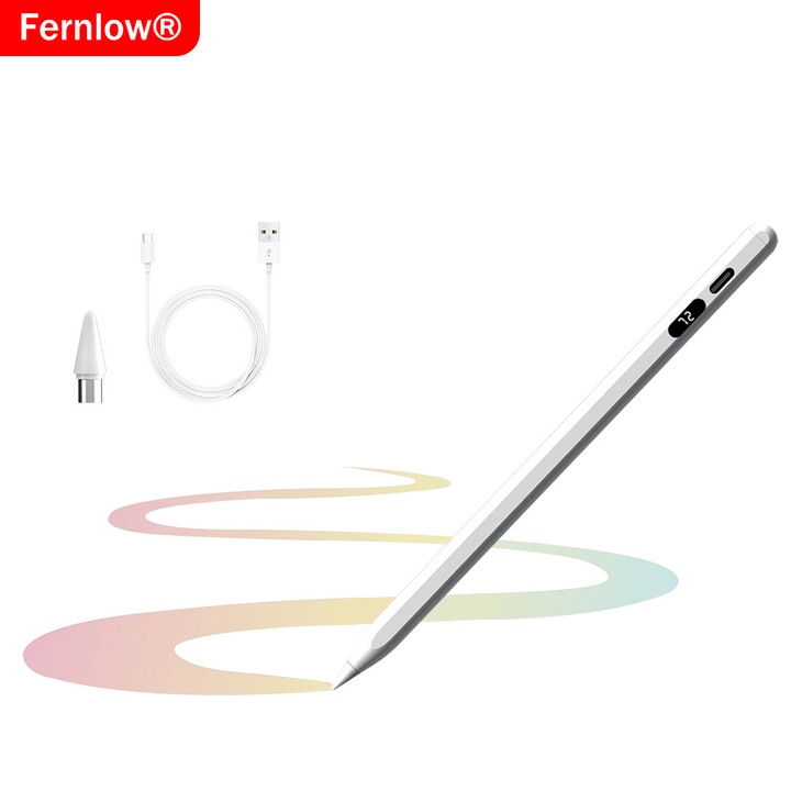 Stylus pen, Fernlow®, pencil pentru tableta Huawei iPad Apple 2018-2025, profesional, capacitiv, penite anti-zgarieturi, pix cu functie palm rejection, tilt, fara lag, fast charge, magnetic, Afisaj digital, aluminiu, USB-C, alb