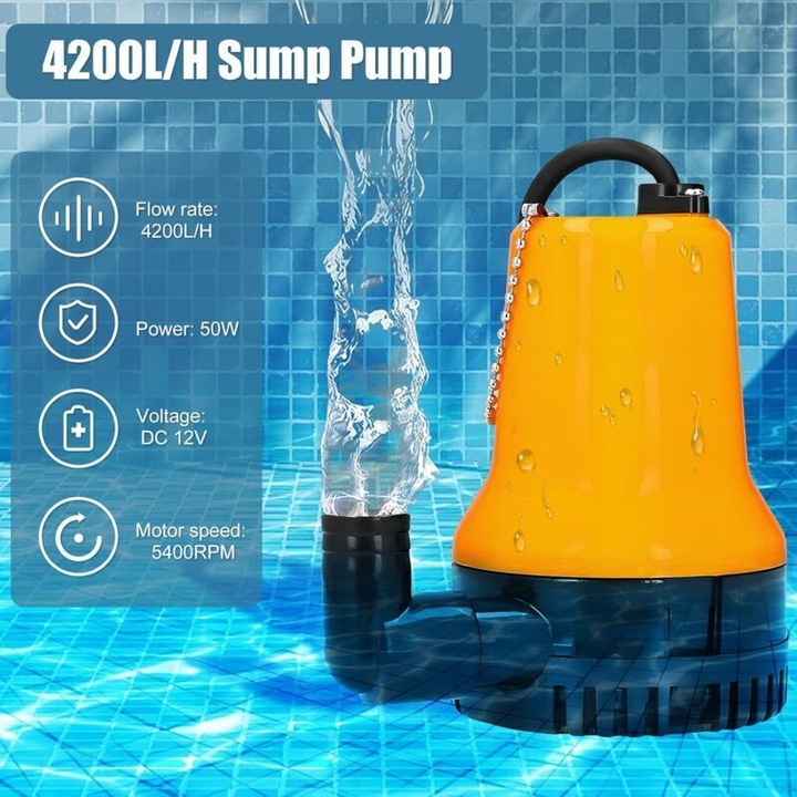 Pompa submersibila 12V, pompa de apa DC, 50W, 4200 l/h, pentru apa murdara si curata, cablu alimentare 1.6 m cu clema, galben/negru, 1 buc