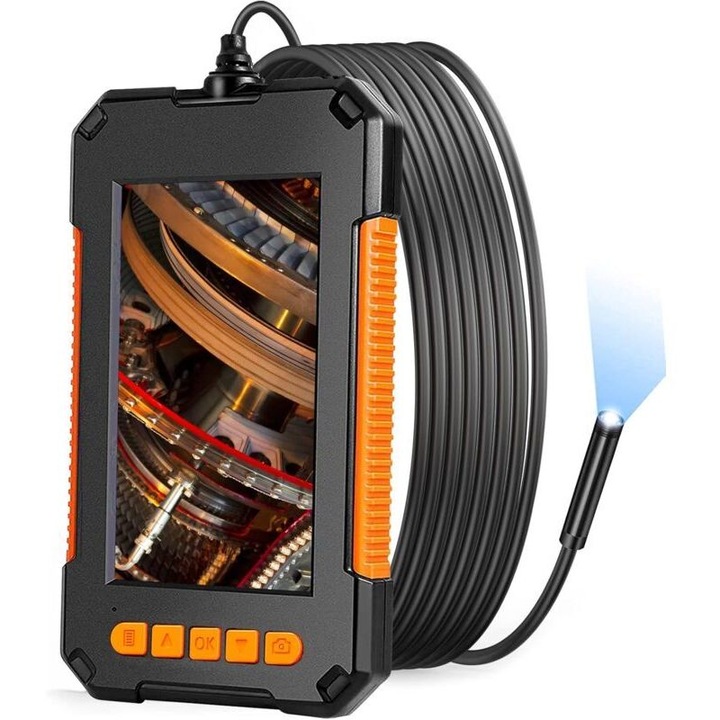 Endoscop industrial 1080P HD, camera de inspectie cu ecran LCD 4.3 inch, cablu semirigid 5 m, 8 LED reglabile, lentila si LED rezistente la apa, baterie 2600mAh, card 32GB inclus, Negru, 1 buc