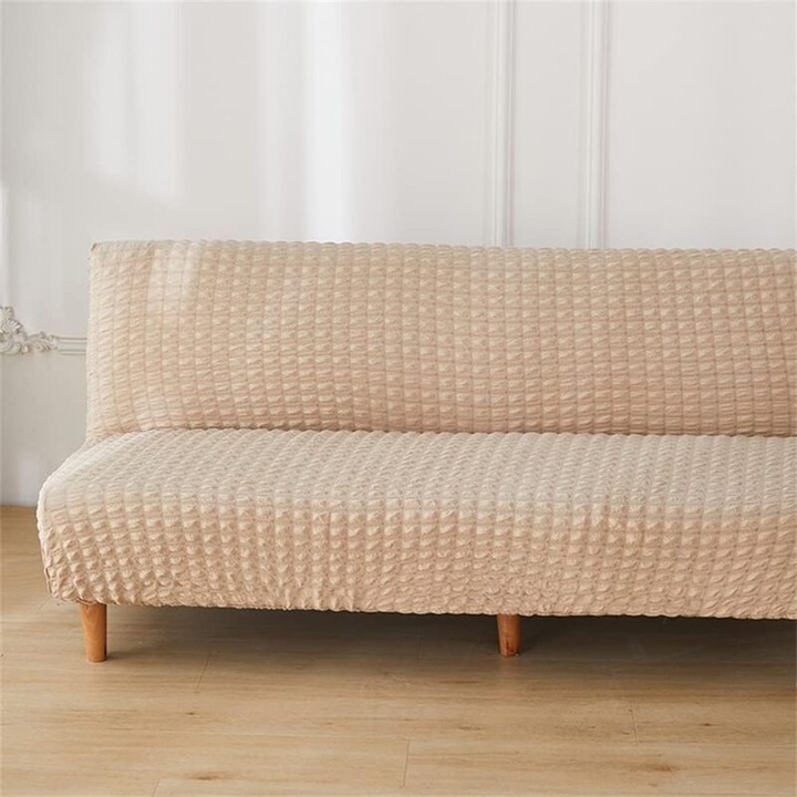 Husa pentru canapea fara brate Seersucker Click Clack, elastica, cu tiv elastic anti-alunecare, bej, pentru canapele 2/3 locuri