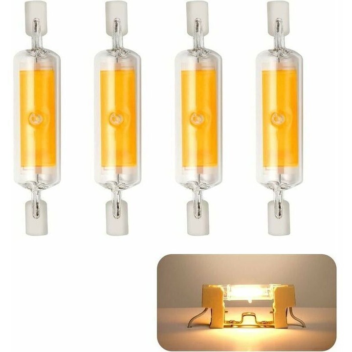 Bec R7S LED 78mm, dimabil, 10W 220-240V, COB, 800 lm, fascicul 360°, alb cald 3000K, inlocuieste 80W halogen