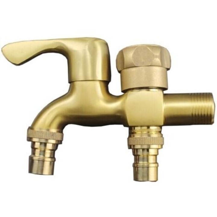 Duplafalú csap, G1/2 (20 mm) kerti csap sárgarézből, 2 független kimenet, külön szelepek, beépített szűrő, fagyálló, arany, 13 x 8.5 cm, 1 db
