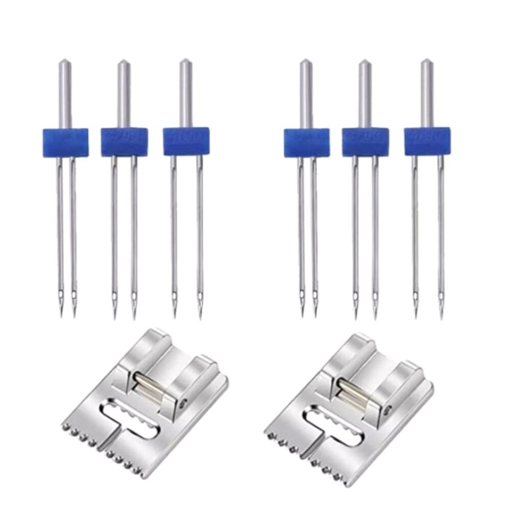 6 db dupla fém tű készlet varrógépekhez, 2/3/4mm, 2 talp, ezüst