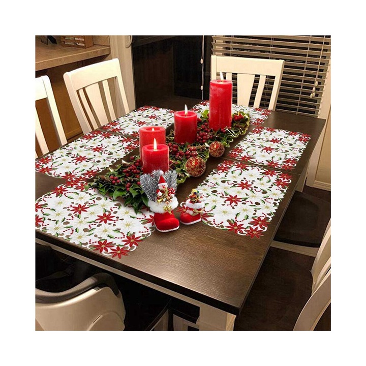 Set de servetele de masa brodate, poinsettia si holly, din poliester, lavabile la masina si rezistente la decolorare, rosu/alb, 12 buc, 28x44 cm