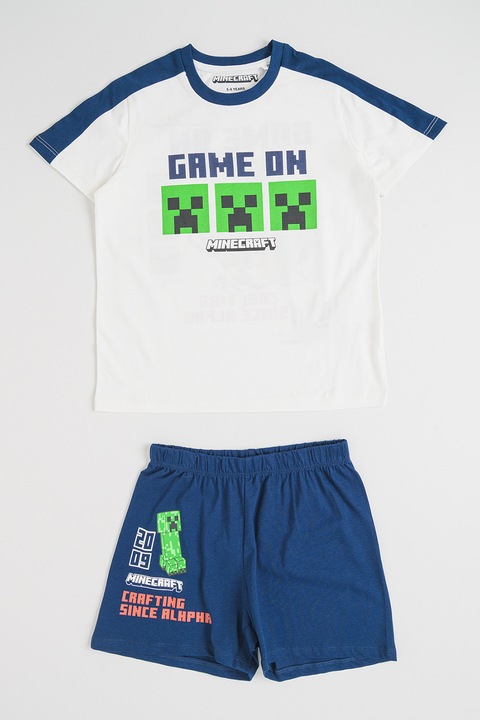 Original Marines, Pijama scurta din bumbac cu model Minecraft, Alb/Bleumarin