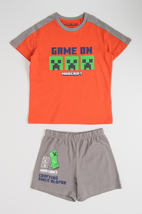 Original Marines, Pijama scurta din bumbac cu model Minecraft, Rosu/Maro taupe deschis