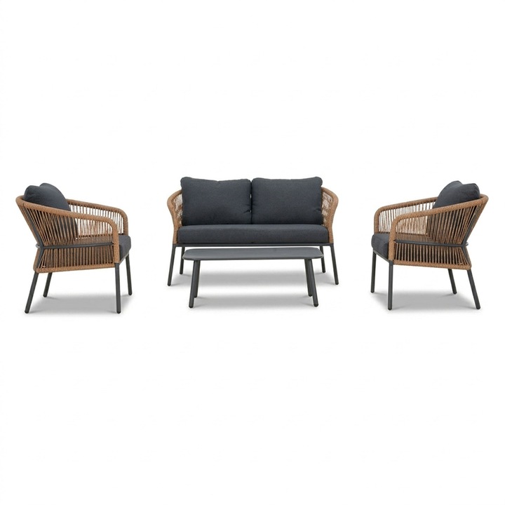 Set mobilier gradină canapea, Maison Mex, 2 fotolii și măsuță, negru/maro/gri, 4 persoane, 75x72x73.5cm / 138x72x73.5cm / 95x50x30cm