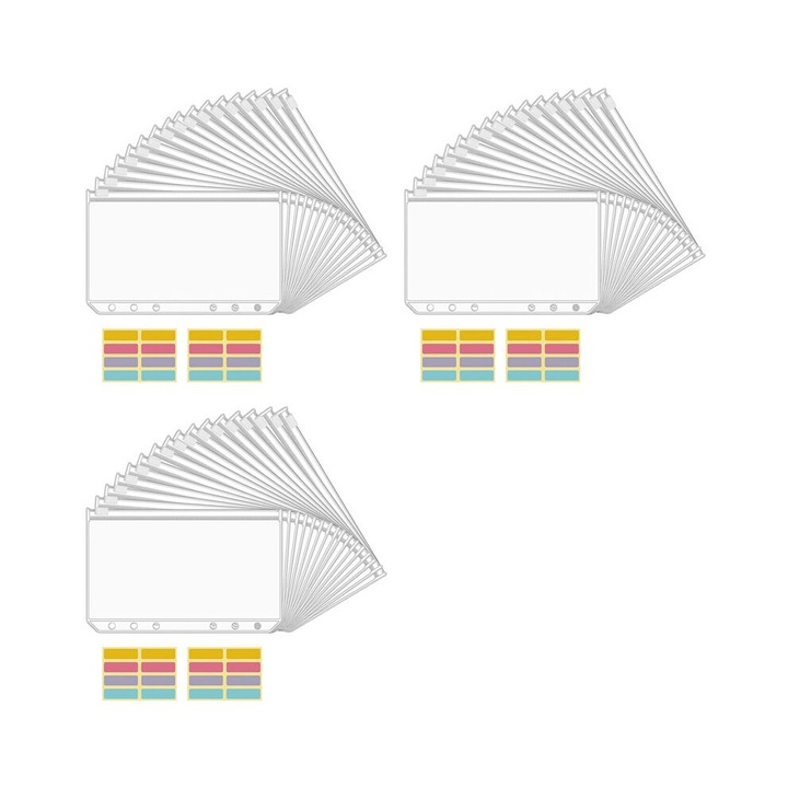 Set 48 plicuri cu fermoar PVC transparente pentru dosar 6 gauri A6 cu 6 stickere colorate