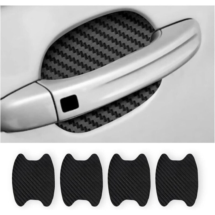 Set 4 folii protectie manere usi auto fibra carbon 6.8x8.5cm negru