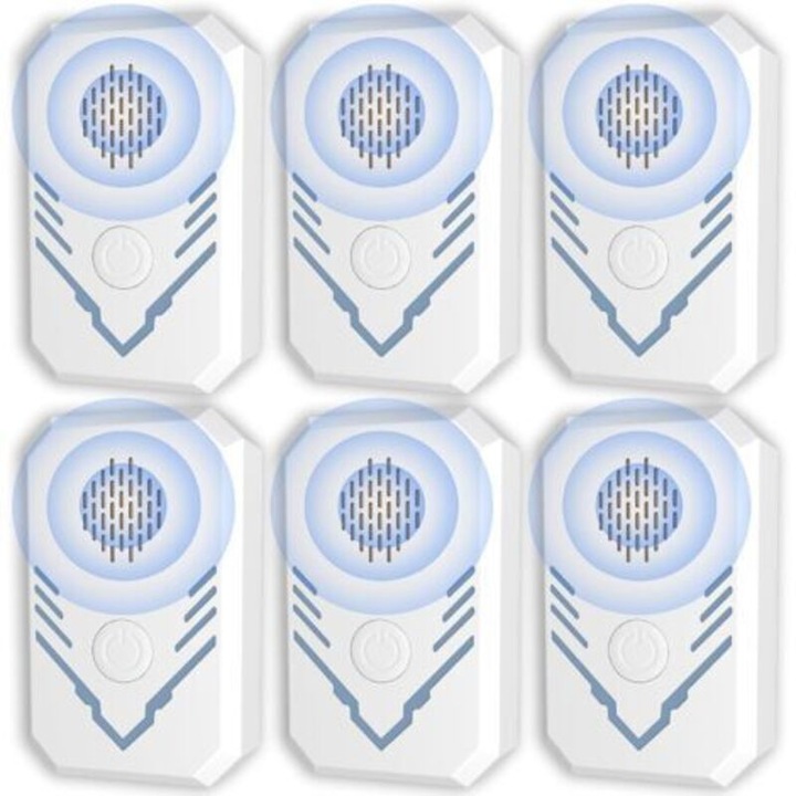 Aparat repelent ultrasonic pentru soareci si insecte, dispozitiv anti-tantari, cu 2 moduri (anti-tantari silentios, anti-soareci puternic), acoperire 80-120 m², alb, 6 buc, 8.5x5.5x4.5 cm