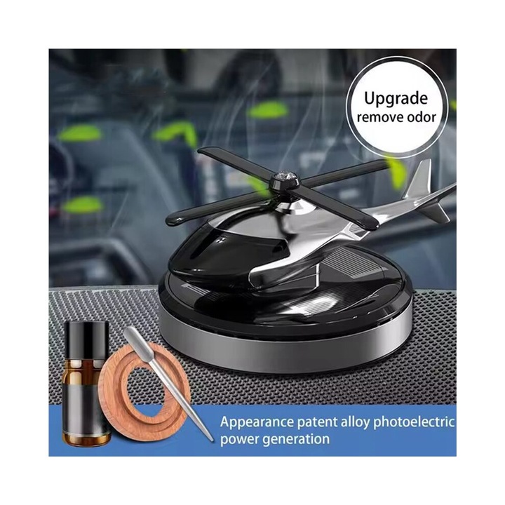Odorizant auto solar in forma de elicopter, cu elice rotativa din aliaj, difuzor de parfum automat, metal si plastic, Argintiu mat, 2 buc.