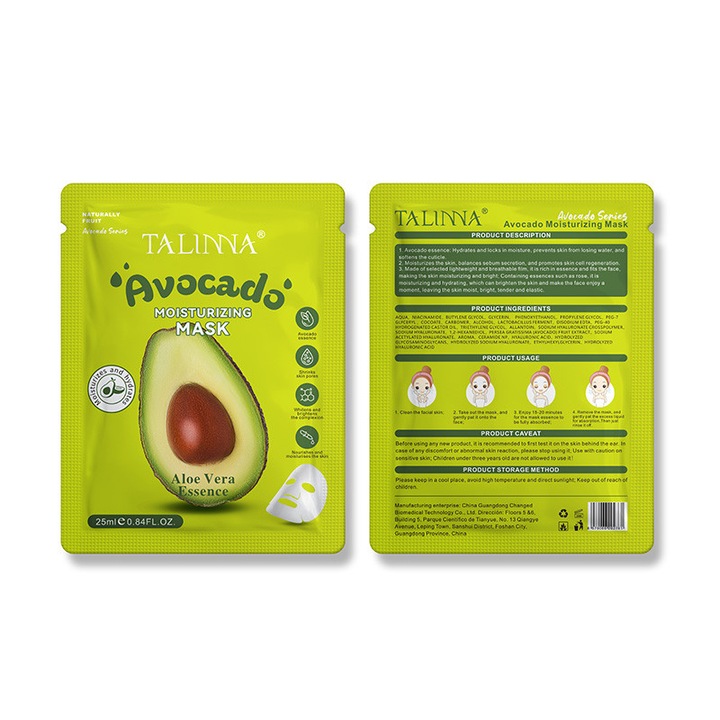 Avokádós arcmaszk, TALINNA, Intenzív hidratálás és táplálás, 25g, 10 darab