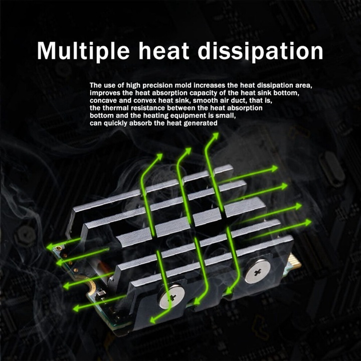 Dissipator de caldura pentru SSD M.2 2242, aliaj aluminiu, pad termic din silicon cu schimbare de faza, montaj cu suport U si suruburi incluse, negru, 4 bucati