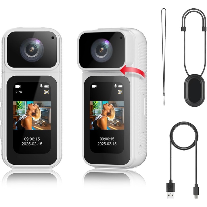 Camera sport, 2, 7K/1080p, Wi-Fi, ecran IPS de 1, 47 inci, baterie de 350 mAh, calitate HD, inregistrare video si fotografiere, portabila, alb