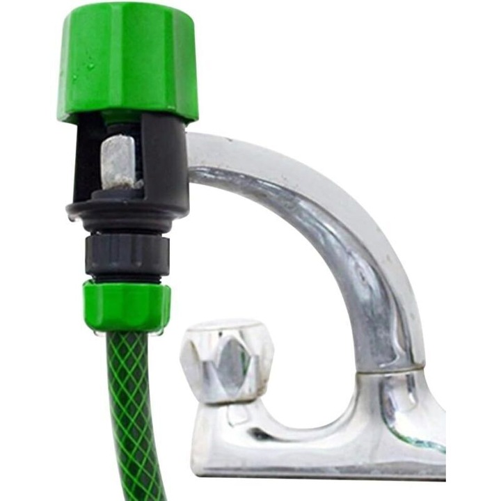 Adaptor robinet pentru furtun, universal din ABS, pentru furtun 1/2 inch, include 2 garnituri, potrivit pentru robineti pana la 30x40 mm, Verde, 13 cm