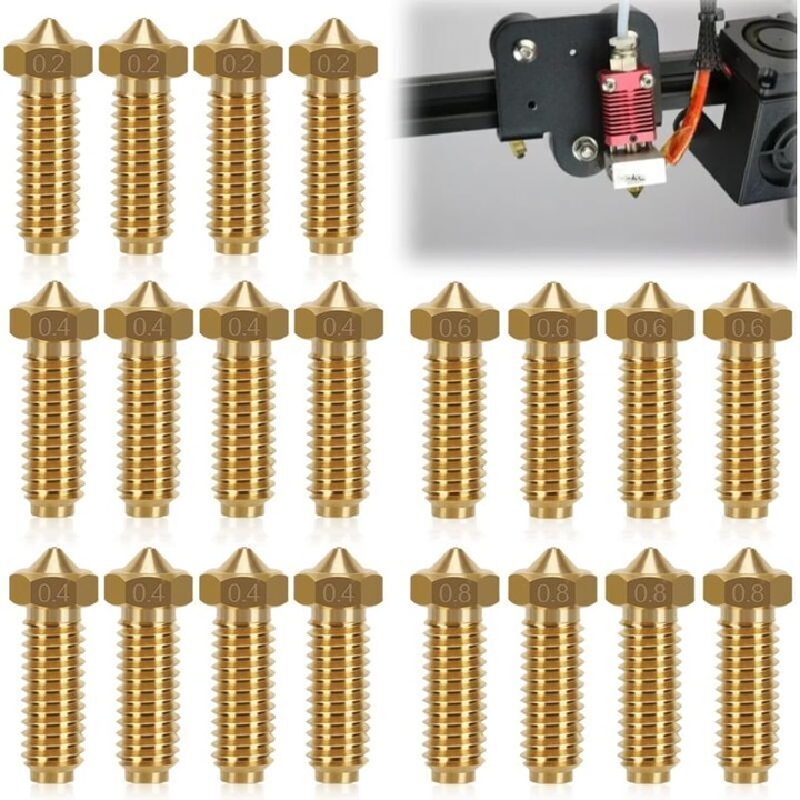 Set 20 duze pentru imprimanta 3D, din alama, pentru filament 1.75 mm, compatibile cu Volcano, 4 x 0.2 mm, 8 x 0.4 mm, 4 x 0.6 mm, 4 x 0.8 mm, auriu