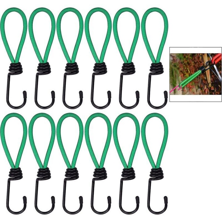 Chingi elastice cu carlige, corzi bungee, cu invelis textil si carlige acoperite, verde, 12 buc