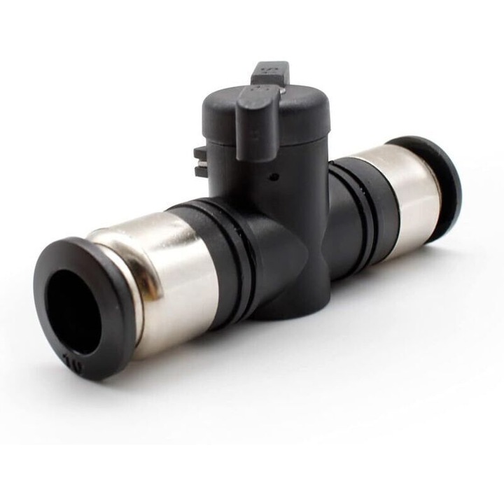Ventil sferic pneumatic, robinet pentru aer, diametru interior 10 mm, regulator debit aer, conector rapid push-in, negru, 1 buc