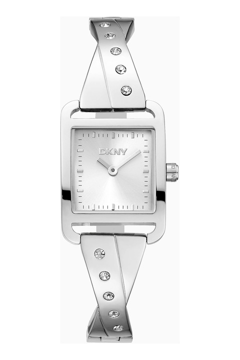 DKNY, Négyszögletű rozsdamentes acél karóra kristályokkal díszítve, Ezüstszín