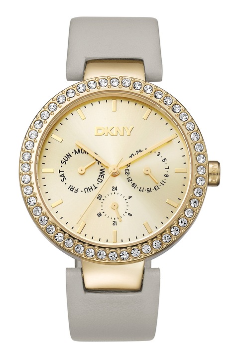 DKNY, Ceas de otel inoxidabil cu o curea de piele, Auriu, Maro taupe