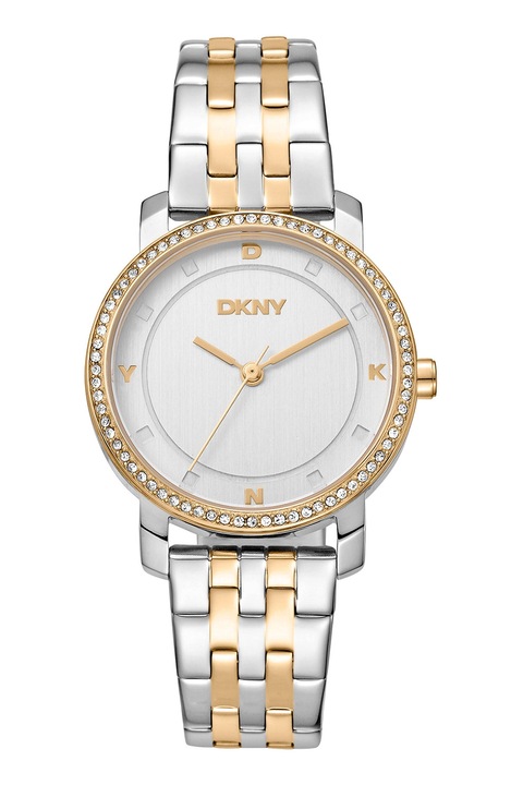 DKNY, Ceas de otel inoxidabil cu doua nuante si cristale, Argintiu, Auriu