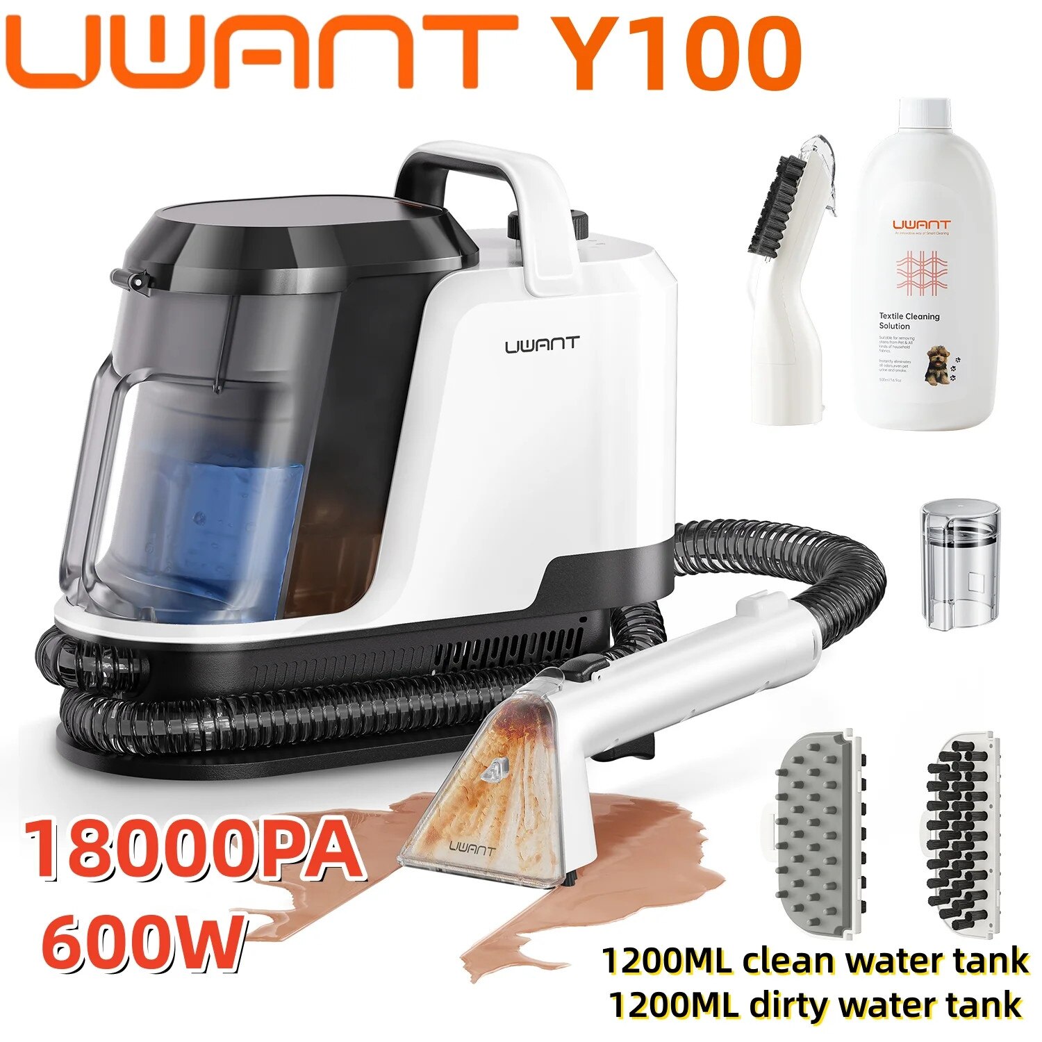 Curatator textile si tapiterie Y100, Aparat portabil umed/uscat, 18000 Pa, 600 W, rezervoare 2×1, 2 l, autocuratare, cablu 5 m si furtun 1, 5 m, alb