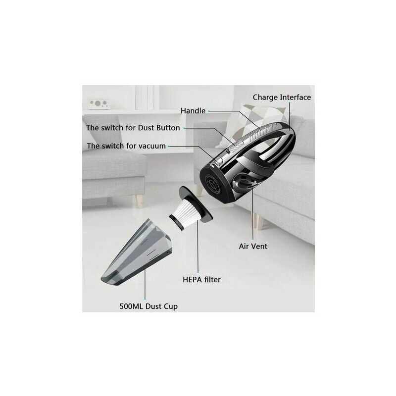 Aspirator portabil fara fir Tigrezy puternic, 120W, 2200mAh, cu functie Wet & Dry, filtru HEPA lavabil si 5 duze - reincarcabil pentru casa, masa, birou, masina