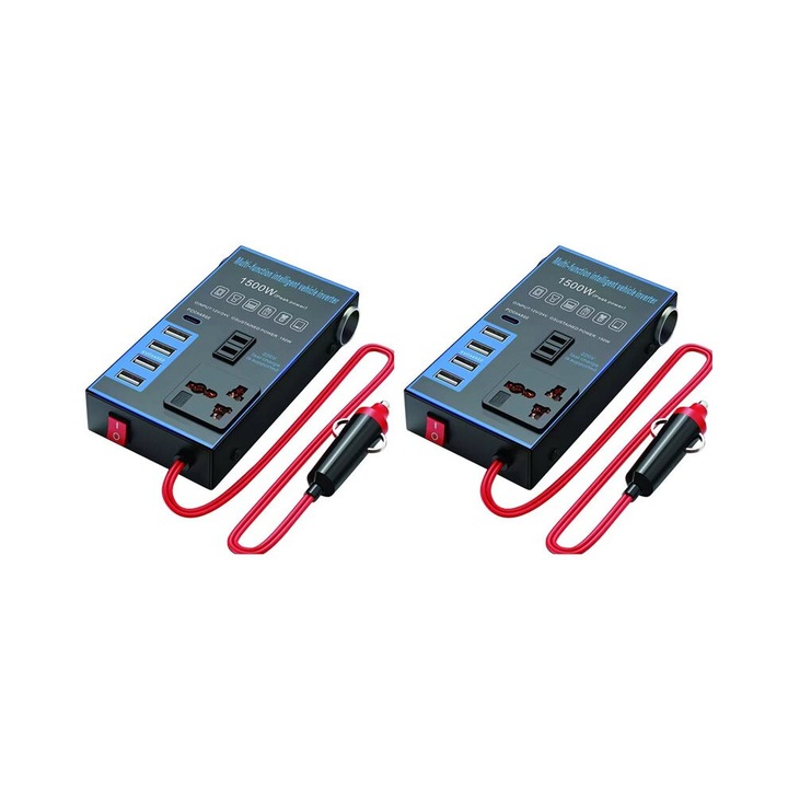 Set 2 bucati Invertor auto 1500W, convertor 12V/24V la 220V, 4 x USB + PD, priza AC universala, incarcare rapida, protectii multiple: supratensiune, subtensiune, supracurent, supraincalzire, scurtcircuit, Multicolor