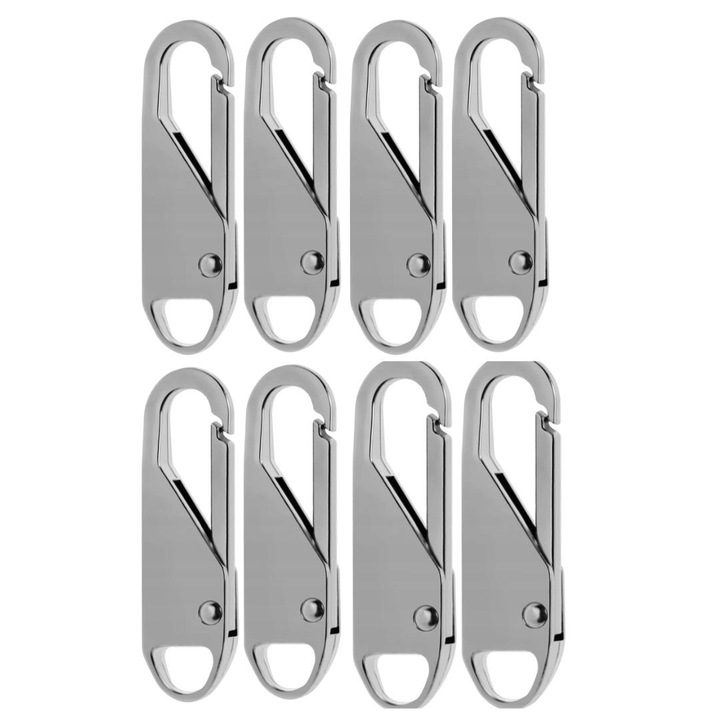 Set 8 cheite universale pentru fermoar, accesorii metalice pentru reparatie rapida valize, rucsacuri, haine, jachete si corturi, argintiu