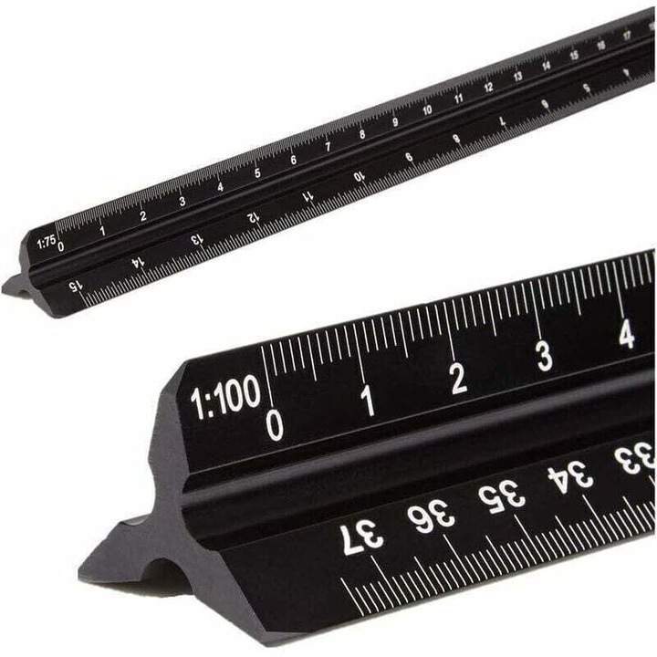 Rigla triunghiulara aluminiu, metrica, negru, 30.5cm