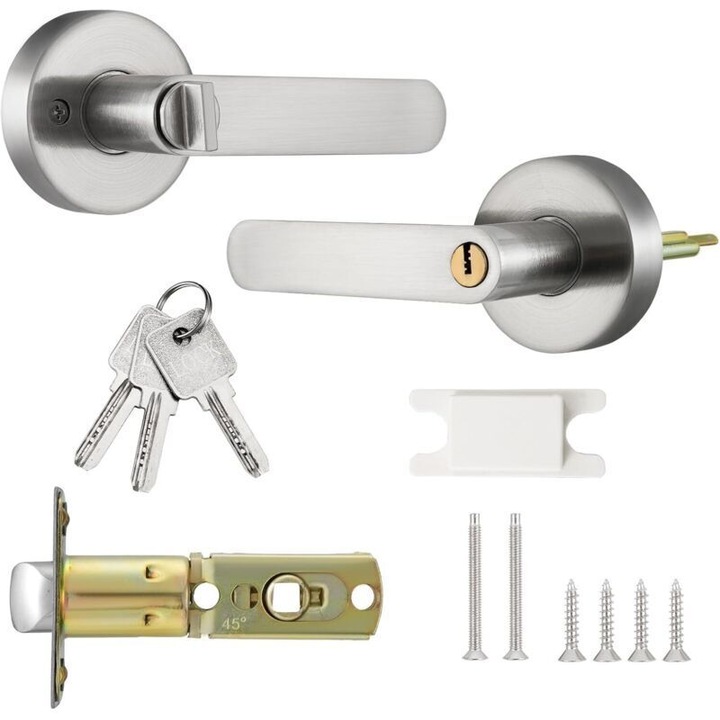 Maner usa cu incuietoare, broasca rotunda, din aliaj de aluminiu, cu blocare pe cheie si buton rotativ interior, argintiu