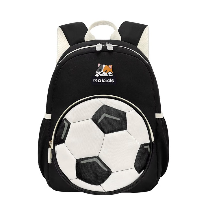 Ghiozdan copii JOYSTOS Negru Model Minge Fotbal, Gradinita, A4, Benzi Reflectorizante, 2-5 ani