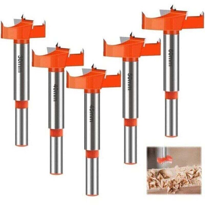 Set 5 freze/burghie pentru lemn, din carbura, cu coada rotunda, 30/40/45/50/60 mm, Rosu