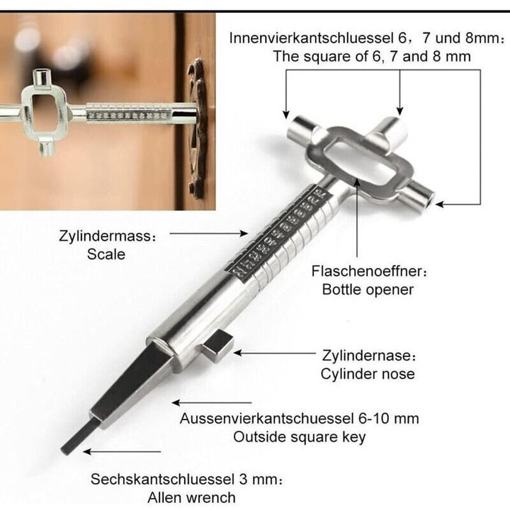 Cheie de constructie universala multifunctionala, din aliaj de zinc rezistent la coroziune, chei patrate 6/7/8 mm si cheie Allen 3 mm, rigla masuratoare 25-75 mm, argintiu, 1 buc
