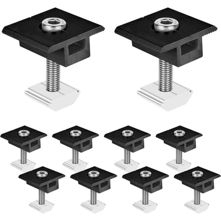 Set 10 cleme de prindere/console montaj panou solar, din aluminiu 30 mm, in forma T, cu piulite si suruburi, negru/argintiu, pentru rulote si acoperisuri plate