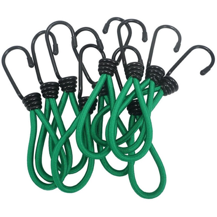 Set 12 tensionere elastice pentru prelata, curele cu carlig, verde/negru, 12 buc