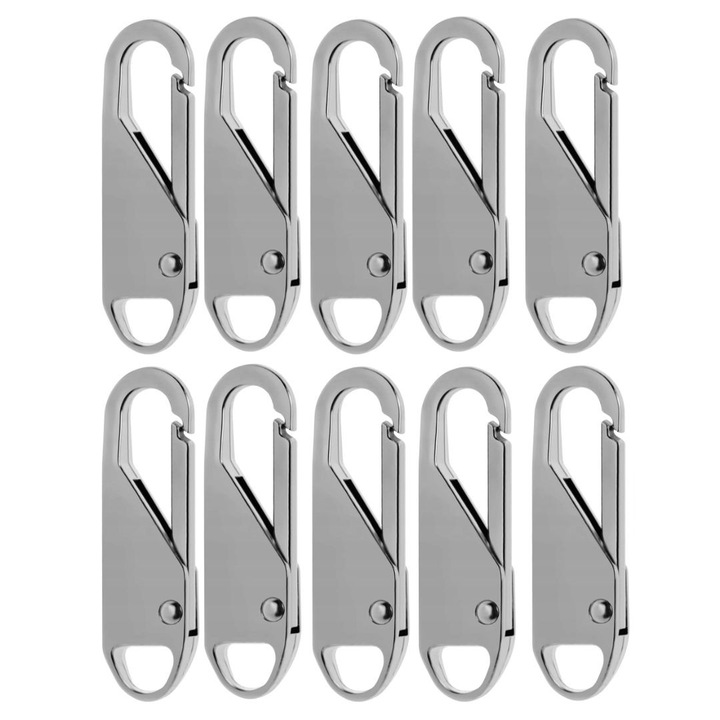 Set 10 cheite universale pentru fermoar, accesorii metalice pentru reparatie rapida valize, rucsacuri, haine, jachete si corturi, argintiu