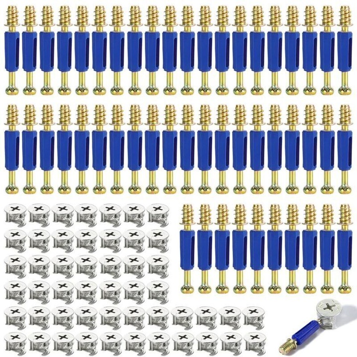 Set 50 bucati, Conectori excentrici pentru mobila, suruburi de asamblare, buloane 40 mm, came excentrice 15x11,5 mm, fier placat nichel, montare usoara, albastru/argintiu