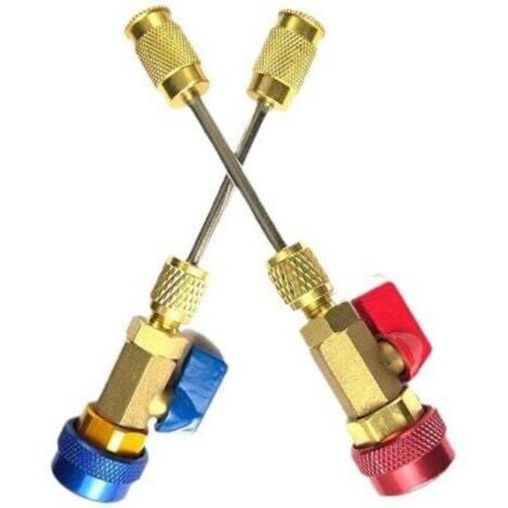 Unealta demontare si montare miezuri supape aer conditionat auto, compatibil supape Schrader HP/LP, cu ventil bila integrat, pastreaza presiunea, rosu/albastru