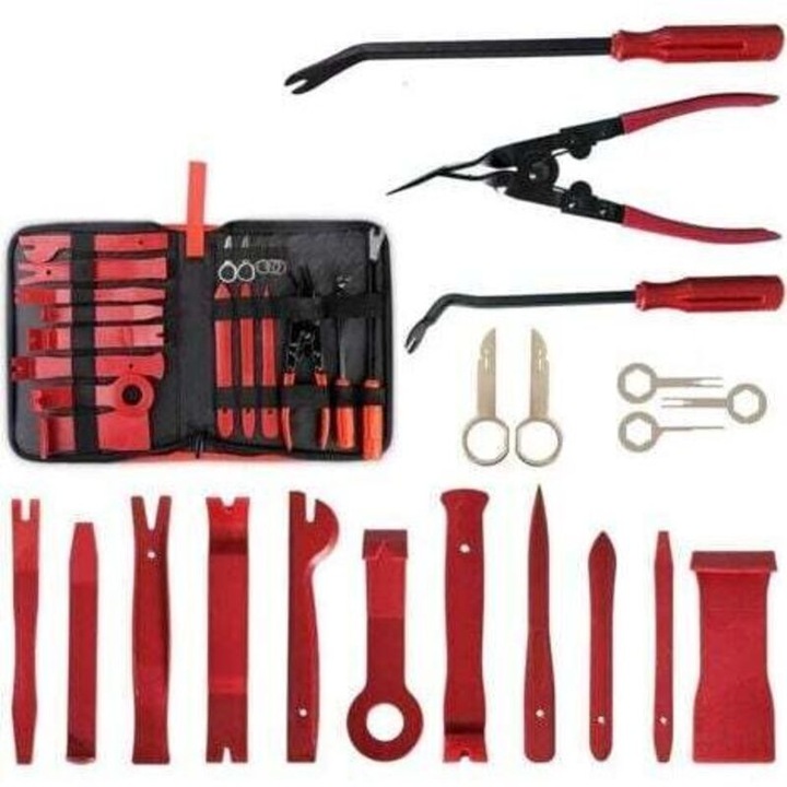 Set scule/instrumente pentru demontare garnituri auto universal, din POM si nylon, protejeaza interiorul, rosu, 19 piese