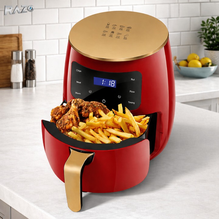 Friteuza cu aer cald RAZO, 2400W, 6L, Air fryer fara ulei, LCD touch screen, 6 programe presetate, Temperatura 50–200°C, Timer, Oprire automata, Gatire sanatoasa, Rosu