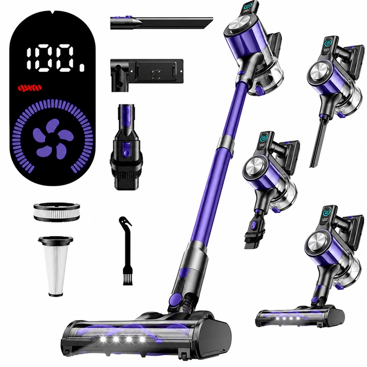 Aspirator Vertical Fara Fir Techsen W1 Volt, 550W, Putere de Aspirare 45KPa, Design Self-Standing, 3 Moduri de Aspirare, Smart Touch Display, Tub Extensibil, Baterie Li-ion, Autonomie mare, Accesorii Multiple, Culoare Mov