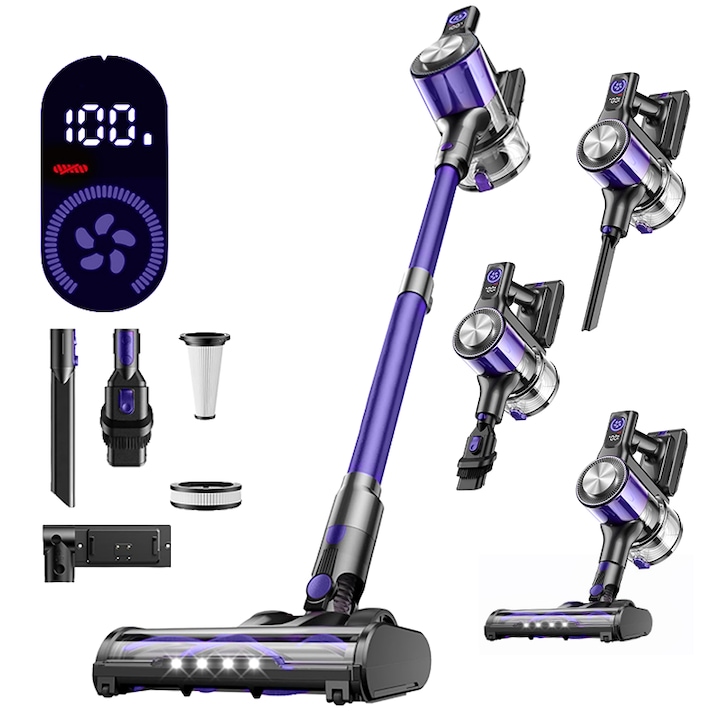 Aspirator Vertical Fara Fir Techsen W1 Volt, 550W, Putere de Aspirare 45KPa, Design Self-Standing, 3 Moduri de Aspirare, Smart Touch Display, Tub Extensibil, Baterie Li-ion, Autonomie mare, Accesorii Multiple, Culoare Mov