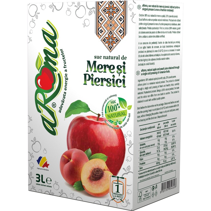 Suc de mere si piersici 3L, 100% natural, presat la rece, fara zahar adaugat, fara conservanti, aRoma