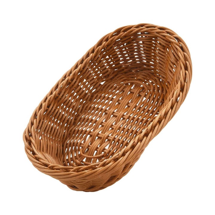 Cos de paine / cos de servire impletit oval, din plastic imitatie ratan, impletit manual, sigur pentru alimente, maro, 24x15 cm, 1 buc