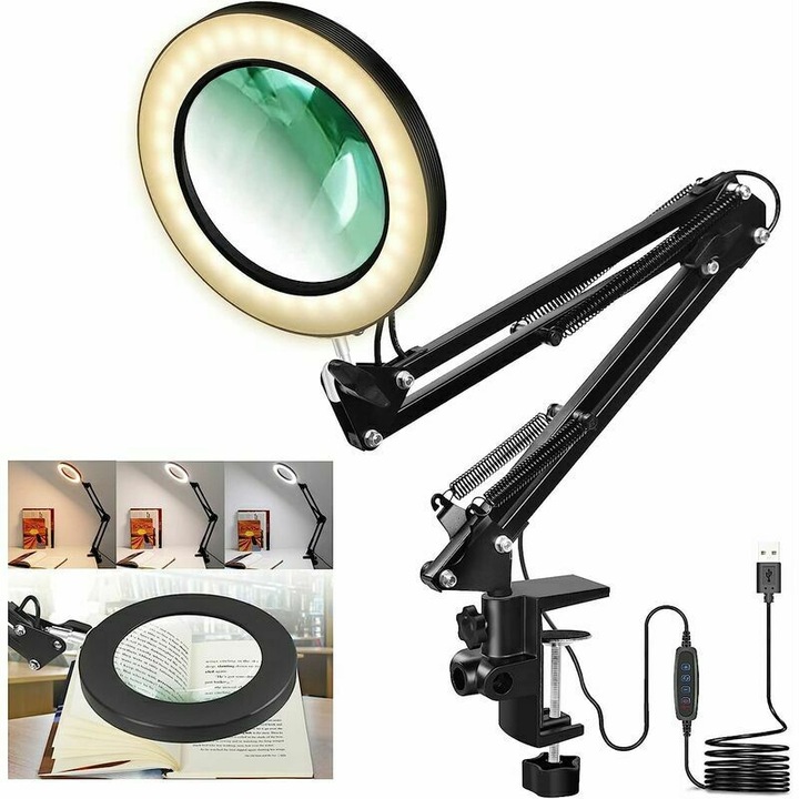 Lampa de birou LED cu marire 5X • 3 culori de lumina, 10 niveluri de luminozitate reglabile • Lupa alimentata prin USB cu brat pivotant reglabil si clema pentru mestesuguri