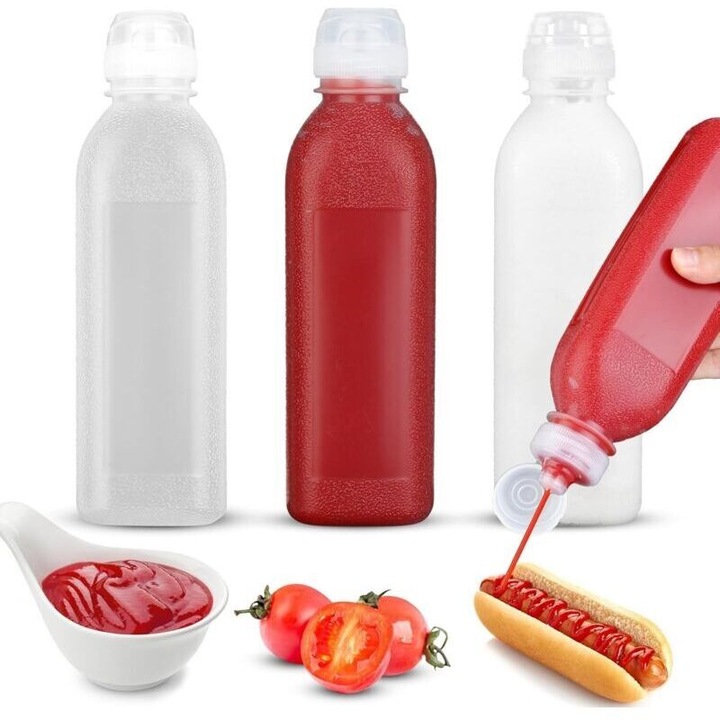Flacon dozator sos din plastic, cu aplicare squeeze si capac anti-scurgere, transparent, Set 3 x 300ml
