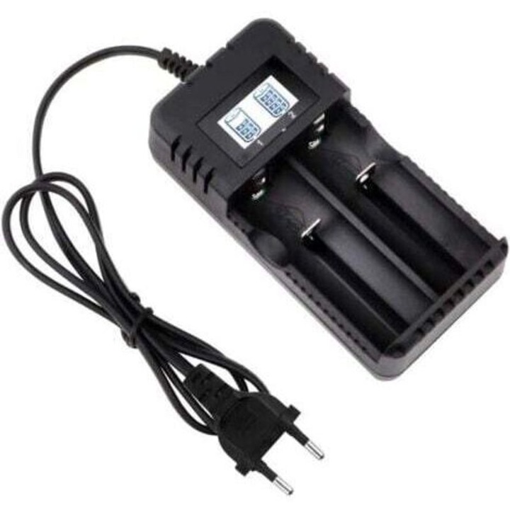 Incarcator baterii universal 18650, incarcator acumulatori 2 sloturi cu ecran LCD, incarcare rapida smart, compatibil 3.7V Li‑Ion (10400–26700), protectii scurtcircuit/inversare polaritate/supracurent, Negru, 1 buc