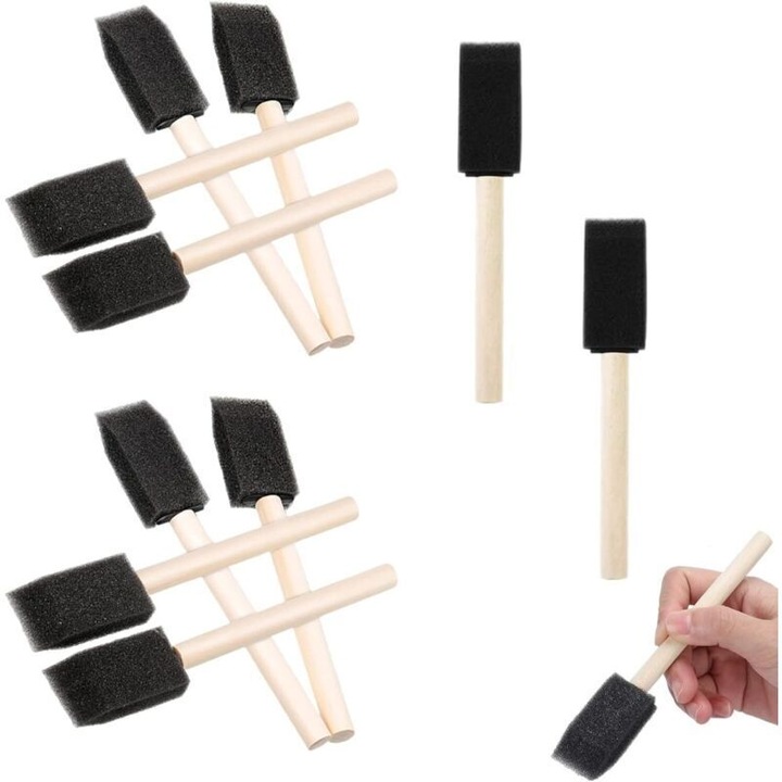 Set 10 pensule burete cu maner lemn pentru pictura acrilica multicolor