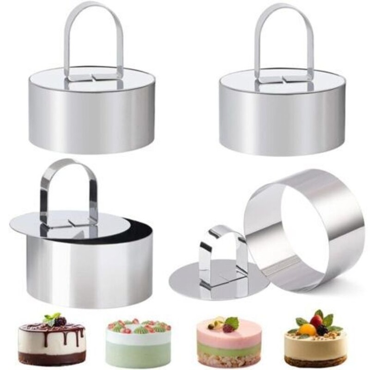 Set 4 inele rotunde prajituri, inox, 8x4cm, cu presor